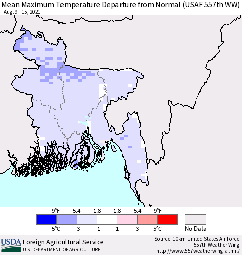 Bangladesh Mean Maximum Temperature Departure from Normal (USAF 557th WW) Thematic Map For 8/9/2021 - 8/15/2021