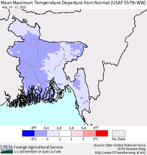 Bangladesh Mean Maximum Temperature Departure from Normal (USAF 557th WW) Thematic Map For 8/16/2021 - 8/22/2021
