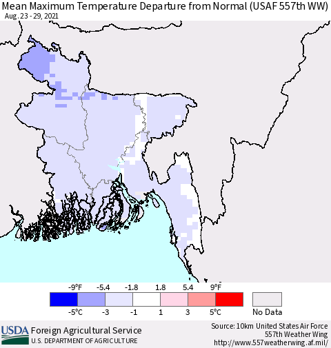 Bangladesh Mean Maximum Temperature Departure from Normal (USAF 557th WW) Thematic Map For 8/23/2021 - 8/29/2021