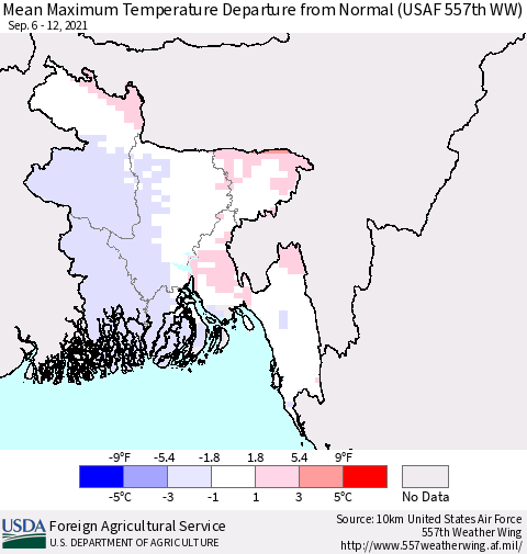 Bangladesh Mean Maximum Temperature Departure from Normal (USAF 557th WW) Thematic Map For 9/6/2021 - 9/12/2021