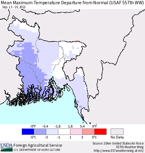 Bangladesh Mean Maximum Temperature Departure from Normal (USAF 557th WW) Thematic Map For 9/13/2021 - 9/19/2021