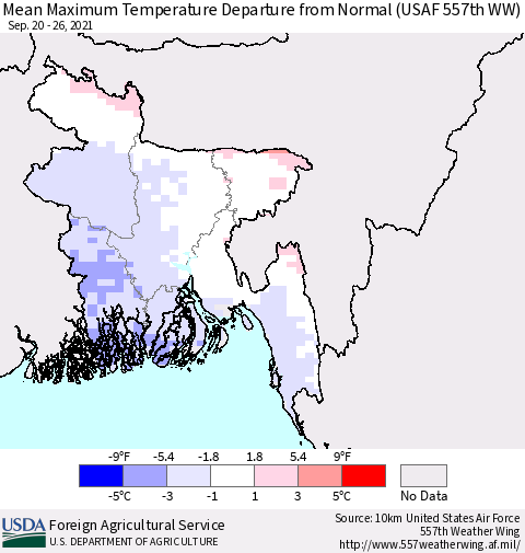 Bangladesh Mean Maximum Temperature Departure from Normal (USAF 557th WW) Thematic Map For 9/20/2021 - 9/26/2021