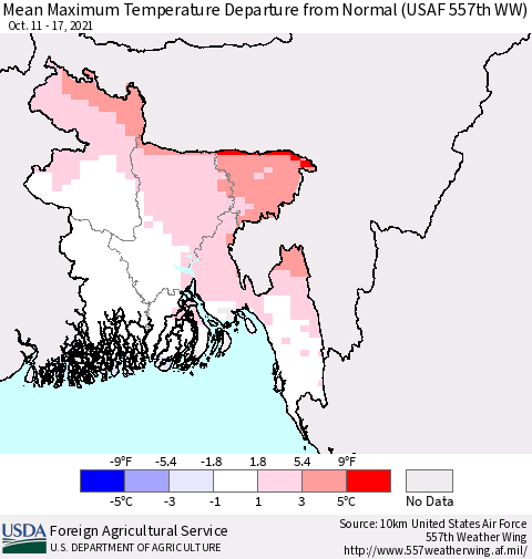 Bangladesh Mean Maximum Temperature Departure from Normal (USAF 557th WW) Thematic Map For 10/11/2021 - 10/17/2021