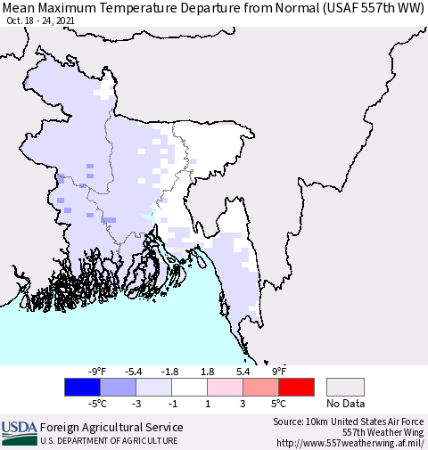Bangladesh Mean Maximum Temperature Departure from Normal (USAF 557th WW) Thematic Map For 10/18/2021 - 10/24/2021
