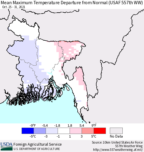 Bangladesh Mean Maximum Temperature Departure from Normal (USAF 557th WW) Thematic Map For 10/25/2021 - 10/31/2021