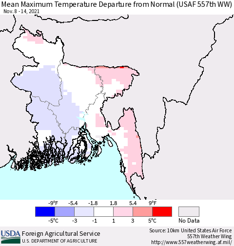 Bangladesh Mean Maximum Temperature Departure from Normal (USAF 557th WW) Thematic Map For 11/8/2021 - 11/14/2021
