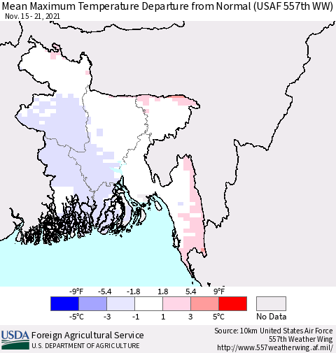 Bangladesh Mean Maximum Temperature Departure from Normal (USAF 557th WW) Thematic Map For 11/15/2021 - 11/21/2021