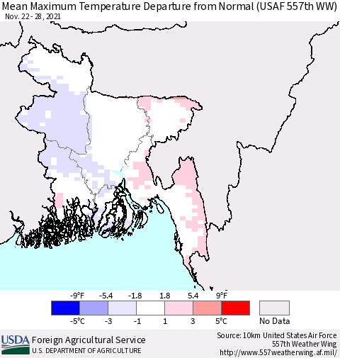 Bangladesh Mean Maximum Temperature Departure from Normal (USAF 557th WW) Thematic Map For 11/22/2021 - 11/28/2021