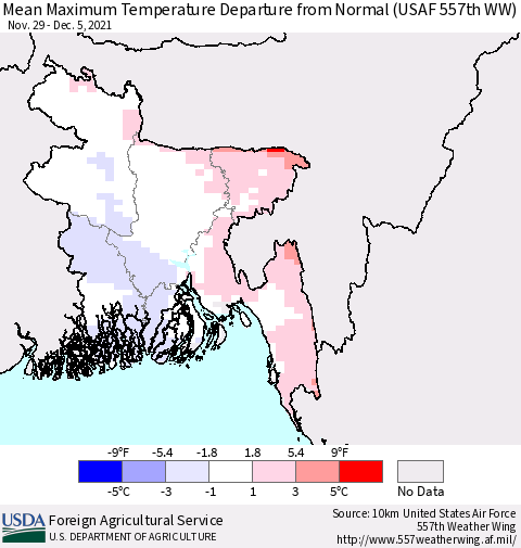 Bangladesh Mean Maximum Temperature Departure from Normal (USAF 557th WW) Thematic Map For 11/29/2021 - 12/5/2021