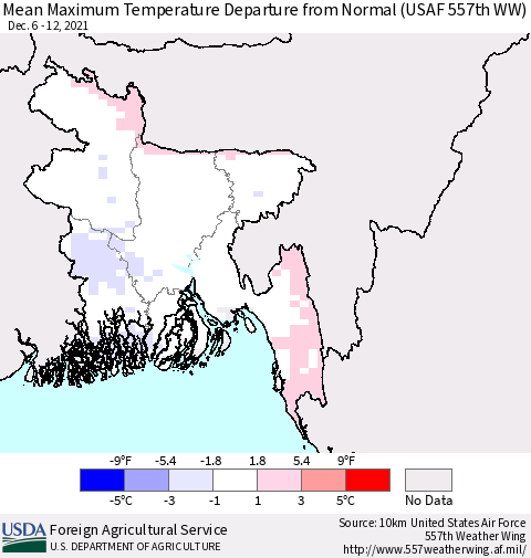 Bangladesh Mean Maximum Temperature Departure from Normal (USAF 557th WW) Thematic Map For 12/6/2021 - 12/12/2021