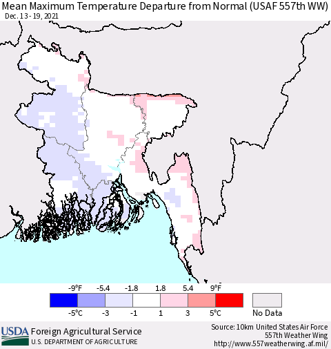 Bangladesh Mean Maximum Temperature Departure from Normal (USAF 557th WW) Thematic Map For 12/13/2021 - 12/19/2021