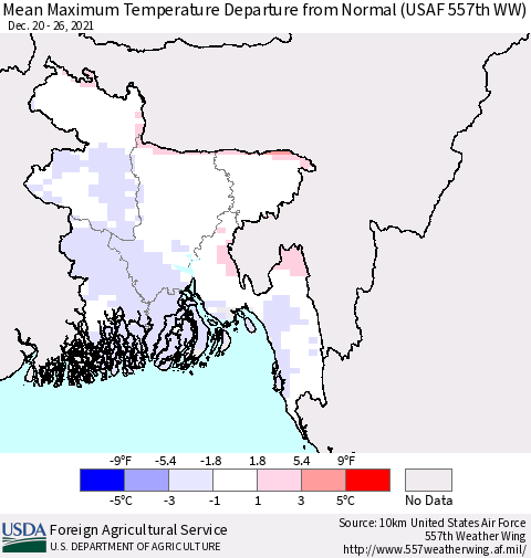 Bangladesh Mean Maximum Temperature Departure from Normal (USAF 557th WW) Thematic Map For 12/20/2021 - 12/26/2021