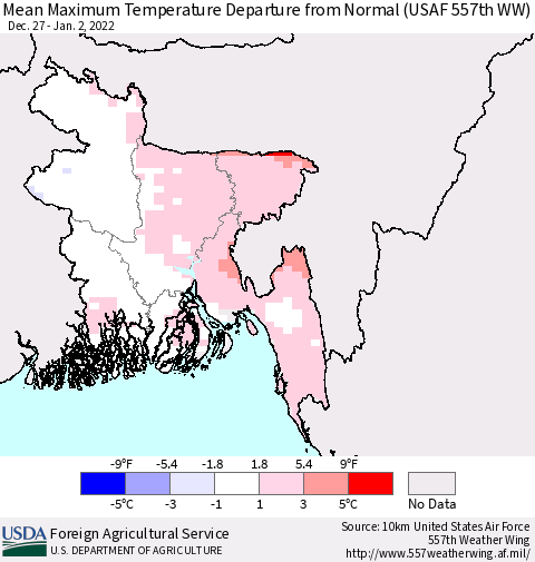 Bangladesh Mean Maximum Temperature Departure from Normal (USAF 557th WW) Thematic Map For 12/27/2021 - 1/2/2022