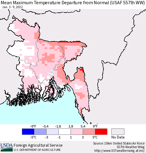 Bangladesh Mean Maximum Temperature Departure from Normal (USAF 557th WW) Thematic Map For 1/3/2022 - 1/9/2022