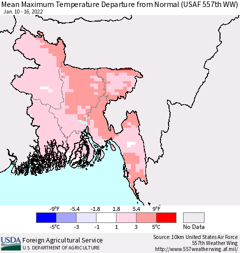 Bangladesh Mean Maximum Temperature Departure from Normal (USAF 557th WW) Thematic Map For 1/10/2022 - 1/16/2022