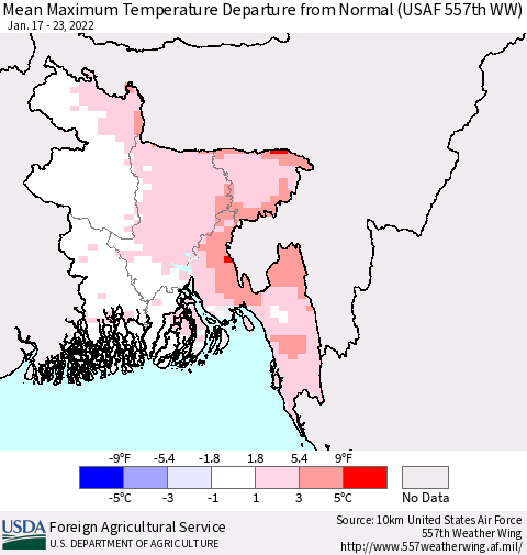 Bangladesh Mean Maximum Temperature Departure from Normal (USAF 557th WW) Thematic Map For 1/17/2022 - 1/23/2022