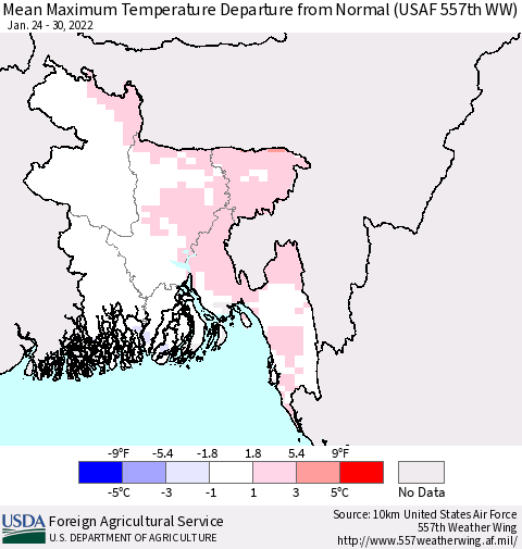 Bangladesh Mean Maximum Temperature Departure from Normal (USAF 557th WW) Thematic Map For 1/24/2022 - 1/30/2022