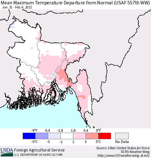 Bangladesh Mean Maximum Temperature Departure from Normal (USAF 557th WW) Thematic Map For 1/31/2022 - 2/6/2022