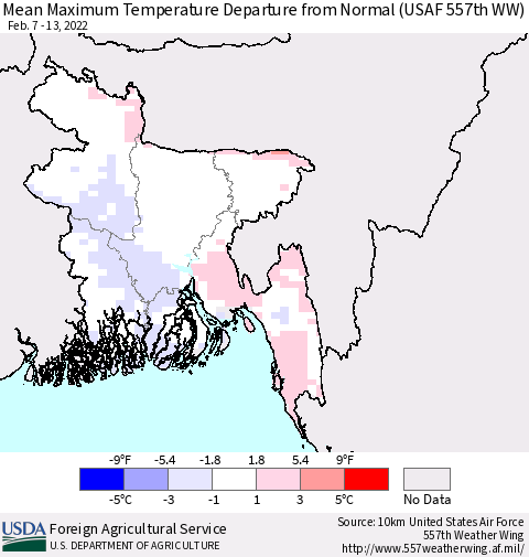 Bangladesh Mean Maximum Temperature Departure from Normal (USAF 557th WW) Thematic Map For 2/7/2022 - 2/13/2022