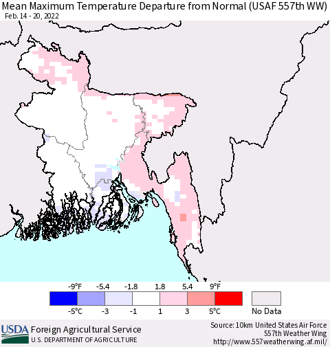 Bangladesh Mean Maximum Temperature Departure from Normal (USAF 557th WW) Thematic Map For 2/14/2022 - 2/20/2022
