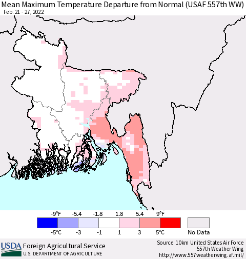 Bangladesh Mean Maximum Temperature Departure from Normal (USAF 557th WW) Thematic Map For 2/21/2022 - 2/27/2022