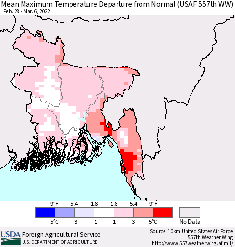 Bangladesh Mean Maximum Temperature Departure from Normal (USAF 557th WW) Thematic Map For 2/28/2022 - 3/6/2022