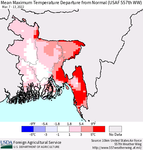 Bangladesh Mean Maximum Temperature Departure from Normal (USAF 557th WW) Thematic Map For 3/7/2022 - 3/13/2022