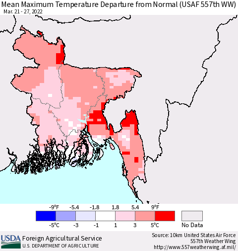 Bangladesh Mean Maximum Temperature Departure from Normal (USAF 557th WW) Thematic Map For 3/21/2022 - 3/27/2022
