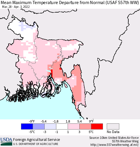 Bangladesh Mean Maximum Temperature Departure from Normal (USAF 557th WW) Thematic Map For 3/28/2022 - 4/3/2022
