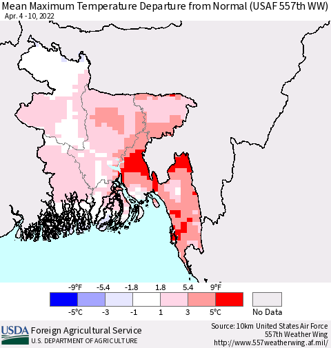 Bangladesh Mean Maximum Temperature Departure from Normal (USAF 557th WW) Thematic Map For 4/4/2022 - 4/10/2022