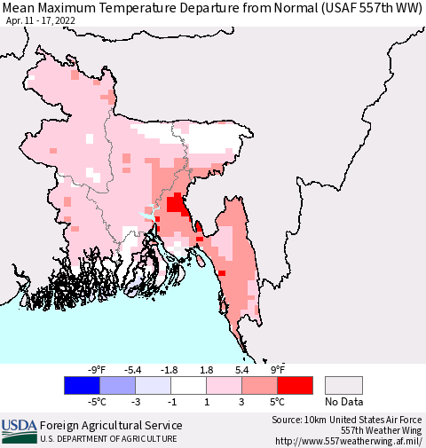 Bangladesh Mean Maximum Temperature Departure from Normal (USAF 557th WW) Thematic Map For 4/11/2022 - 4/17/2022