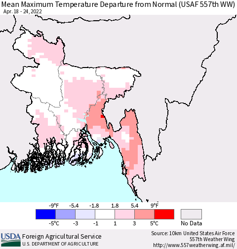 Bangladesh Mean Maximum Temperature Departure from Normal (USAF 557th WW) Thematic Map For 4/18/2022 - 4/24/2022