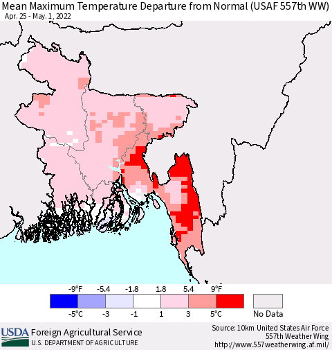 Bangladesh Mean Maximum Temperature Departure from Normal (USAF 557th WW) Thematic Map For 4/25/2022 - 5/1/2022