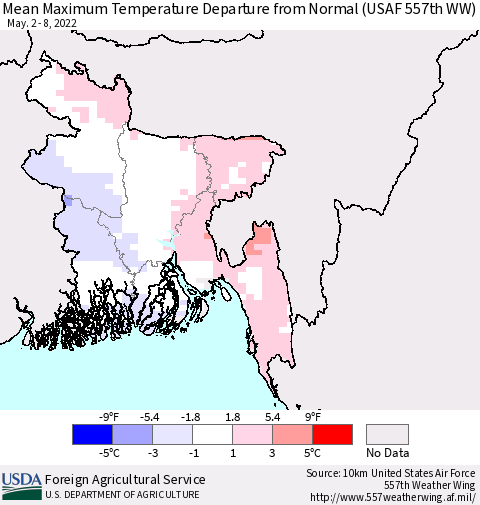 Bangladesh Mean Maximum Temperature Departure from Normal (USAF 557th WW) Thematic Map For 5/2/2022 - 5/8/2022