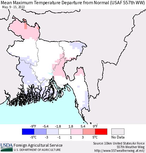 Bangladesh Mean Maximum Temperature Departure from Normal (USAF 557th WW) Thematic Map For 5/9/2022 - 5/15/2022
