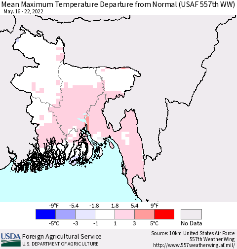 Bangladesh Mean Maximum Temperature Departure from Normal (USAF 557th WW) Thematic Map For 5/16/2022 - 5/22/2022