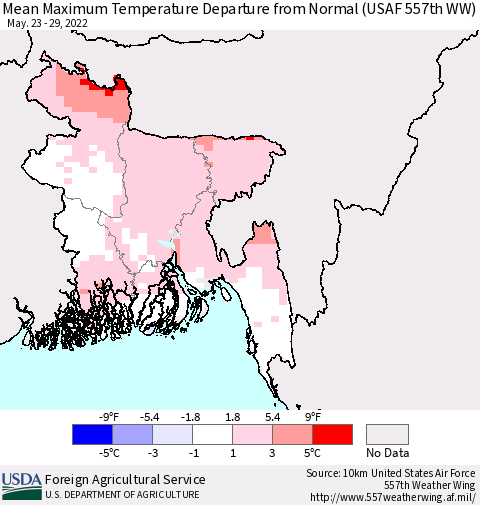 Bangladesh Mean Maximum Temperature Departure from Normal (USAF 557th WW) Thematic Map For 5/23/2022 - 5/29/2022