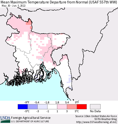 Bangladesh Mean Maximum Temperature Departure from Normal (USAF 557th WW) Thematic Map For 5/30/2022 - 6/5/2022