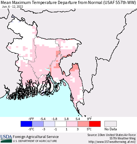 Bangladesh Mean Maximum Temperature Departure from Normal (USAF 557th WW) Thematic Map For 6/6/2022 - 6/12/2022