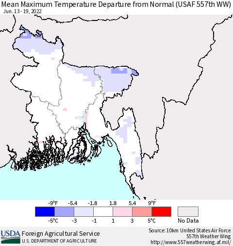 Bangladesh Mean Maximum Temperature Departure from Normal (USAF 557th WW) Thematic Map For 6/13/2022 - 6/19/2022