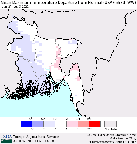 Bangladesh Mean Maximum Temperature Departure from Normal (USAF 557th WW) Thematic Map For 6/27/2022 - 7/3/2022