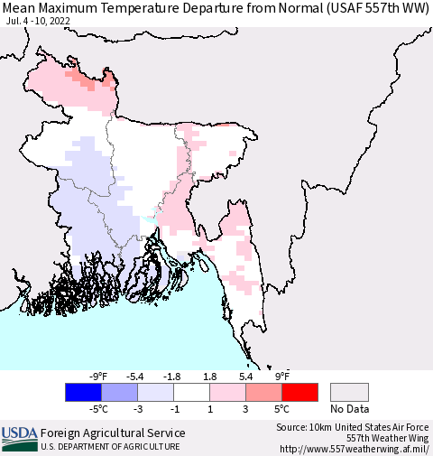 Bangladesh Mean Maximum Temperature Departure from Normal (USAF 557th WW) Thematic Map For 7/4/2022 - 7/10/2022