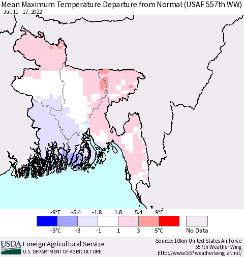 Bangladesh Mean Maximum Temperature Departure from Normal (USAF 557th WW) Thematic Map For 7/11/2022 - 7/17/2022