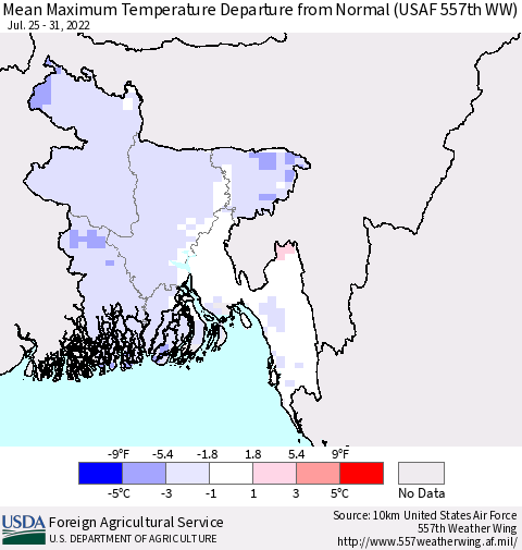 Bangladesh Mean Maximum Temperature Departure from Normal (USAF 557th WW) Thematic Map For 7/25/2022 - 7/31/2022