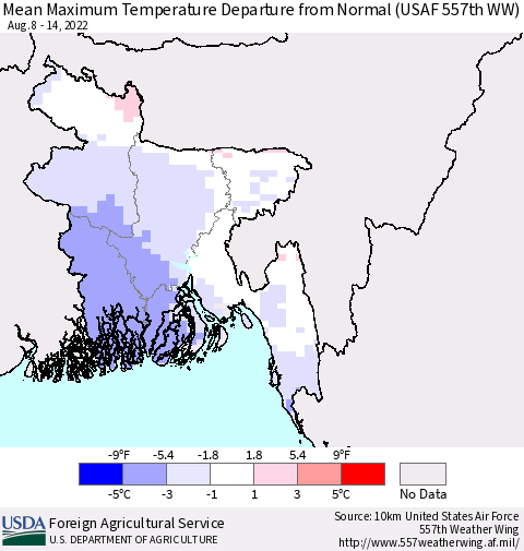 Bangladesh Mean Maximum Temperature Departure from Normal (USAF 557th WW) Thematic Map For 8/8/2022 - 8/14/2022