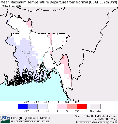 Bangladesh Mean Maximum Temperature Departure from Normal (USAF 557th WW) Thematic Map For 8/15/2022 - 8/21/2022