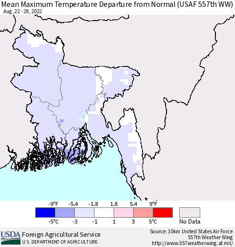 Bangladesh Mean Maximum Temperature Departure from Normal (USAF 557th WW) Thematic Map For 8/22/2022 - 8/28/2022