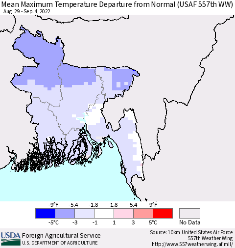 Bangladesh Mean Maximum Temperature Departure from Normal (USAF 557th WW) Thematic Map For 8/29/2022 - 9/4/2022