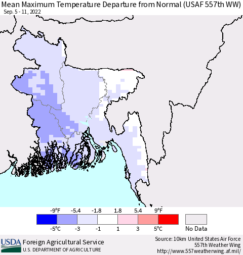 Bangladesh Mean Maximum Temperature Departure from Normal (USAF 557th WW) Thematic Map For 9/5/2022 - 9/11/2022