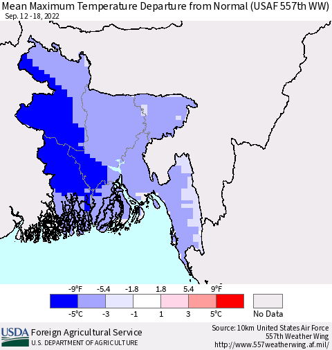 Bangladesh Mean Maximum Temperature Departure from Normal (USAF 557th WW) Thematic Map For 9/12/2022 - 9/18/2022
